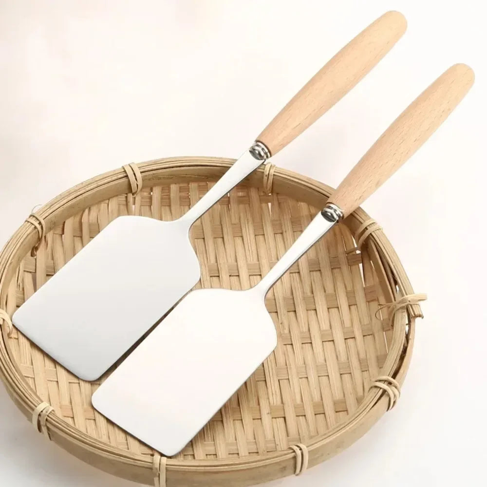 Stainless Steel Square Head Steak Cooking Spatula Pizza Shovel Pancake Beef Turner Scraper Wood Handle BBQ Utensils for Kitchen