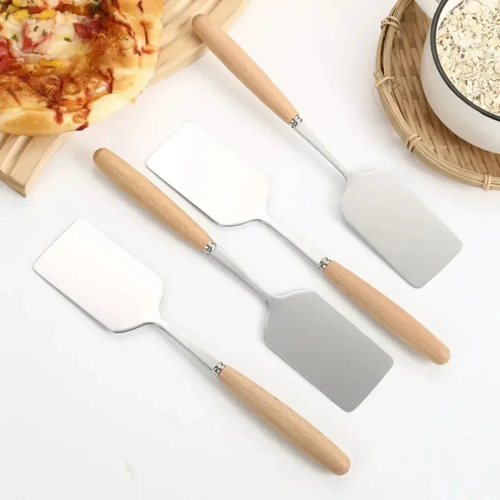 Stainless Steel Square Head Steak Cooking Spatula Pizza Shovel Pancake Beef Turner Scraper Wood Handle BBQ Utensils for Kitchen