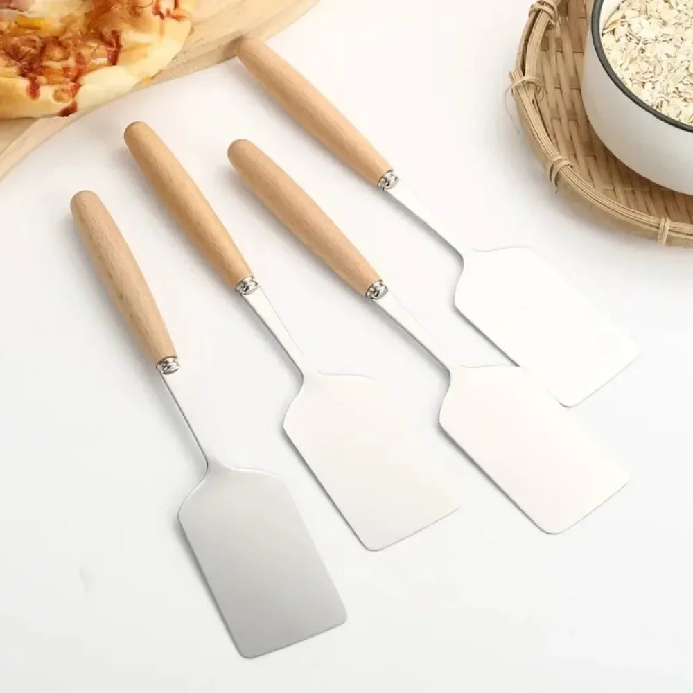 Stainless Steel Square Head Steak Cooking Spatula Pizza Shovel Pancake Beef Turner Scraper Wood Handle BBQ Utensils for Kitchen