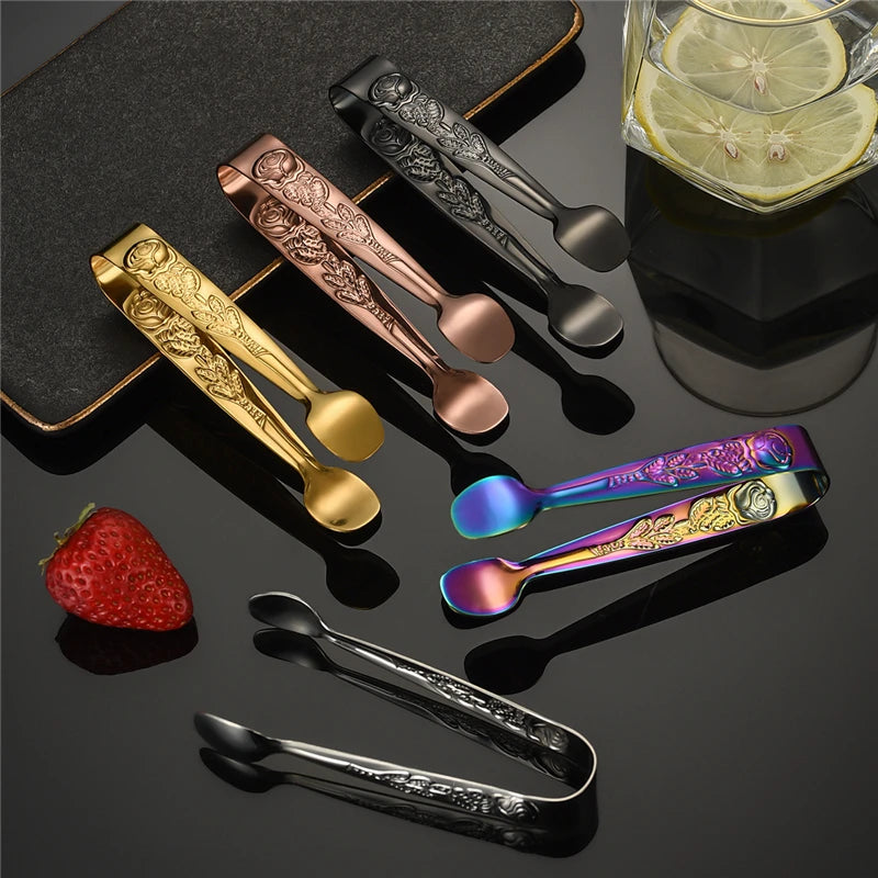 Stainless Steel Bar Small Ice Cube Clips Bread Pastry Food Tongs Rose Pattern Mini Sugar Clip BBQ Grill Clamp Kitchen Utensils